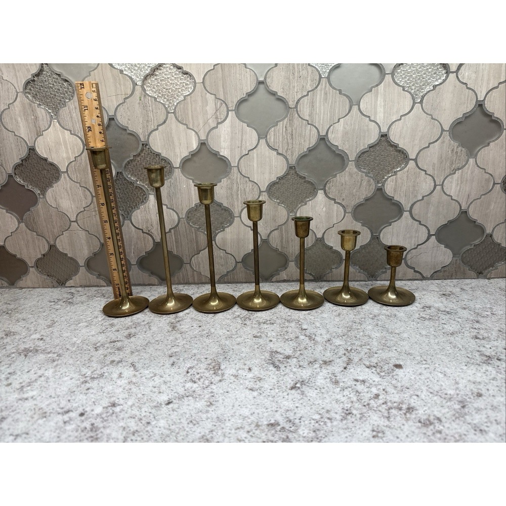 Vtg Solid Brass Candlesticks LOT of 7 Taiwan Graduated 3" To 9" Cottagecore